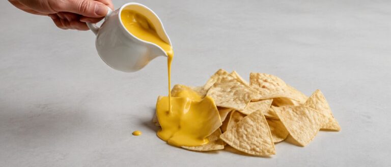 Golden yellow vegan cheese sauce poured from a white ceramic jug in a thin ribbon onto a pile of pale corn tortilla chips