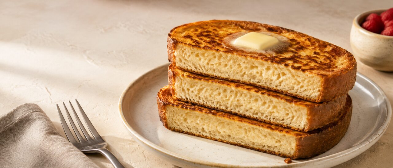 Three thick slices of french toast stacked and cut through, the cut faces showing a pale matte interior between two mottled bronze surfaces