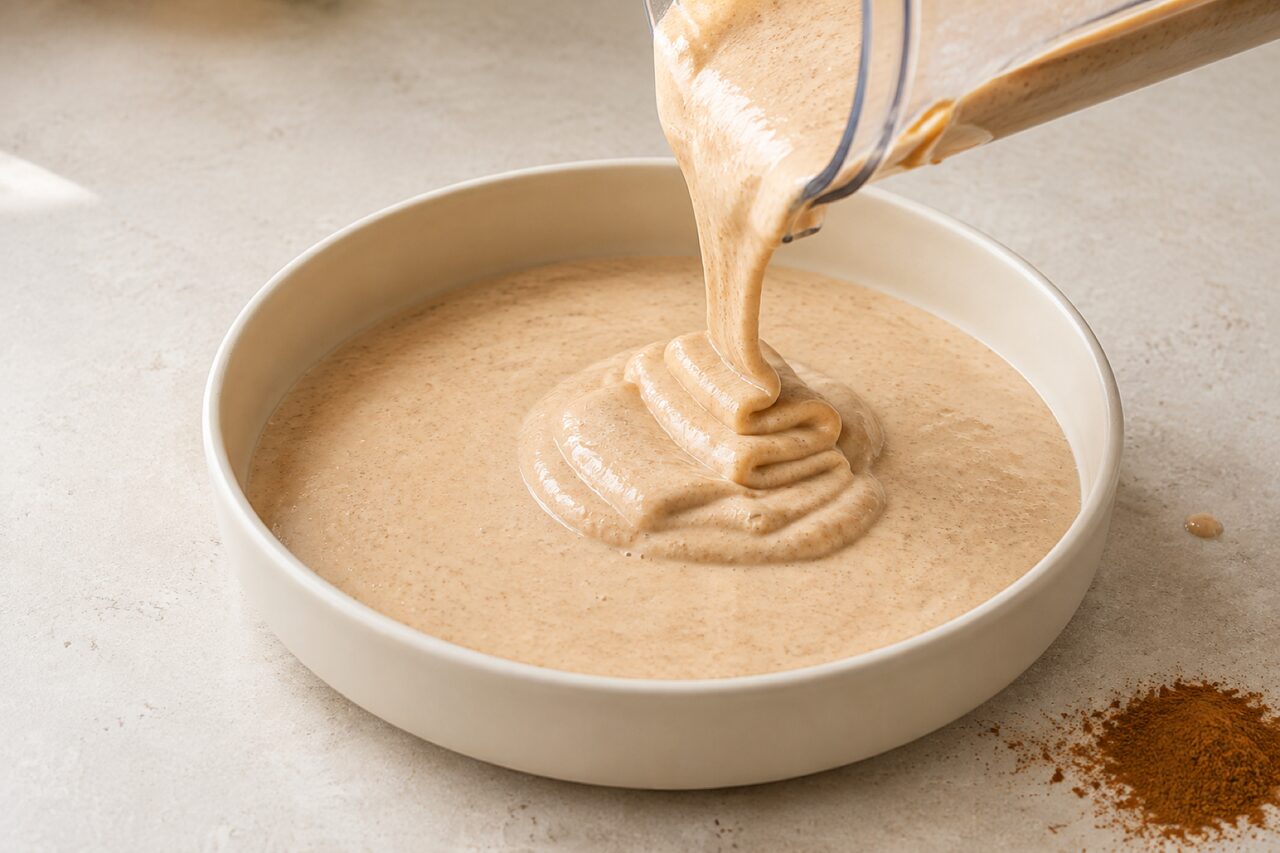 Opaque beige custard falling from a blender jug into a wide shallow dish in a folded ribbon that holds a raised mound before it settles